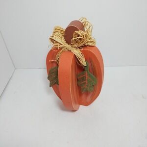 4 Sided 3D Wood Pumpkin W/ Green Wood Leaves HandPainted Orange Green Fall Decor